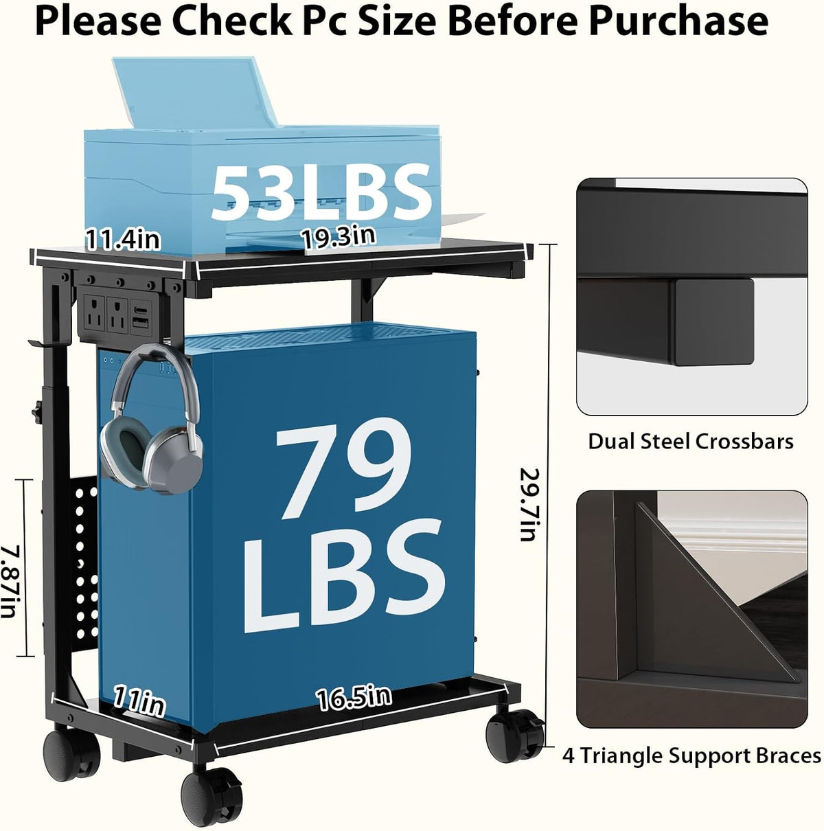 Adjustable PC Tower Stand – Computer Holder with Charging Station & Pegboard Organizer