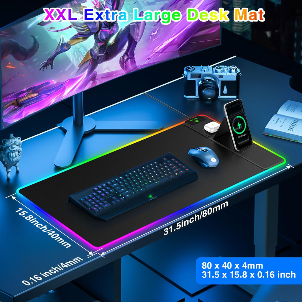 XXL RGB LED Gaming Mouse Pad – Wireless Charger, Phone Holder & 25 Lighting Effects