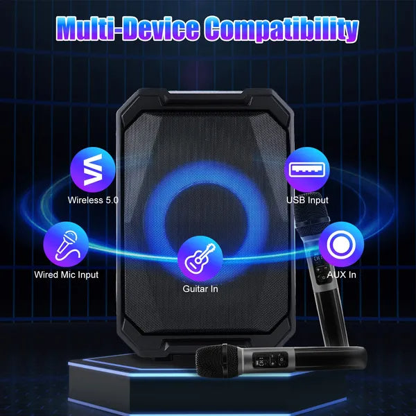 Portable Party Speaker with LED Lights and 2 Wireless Microphones
