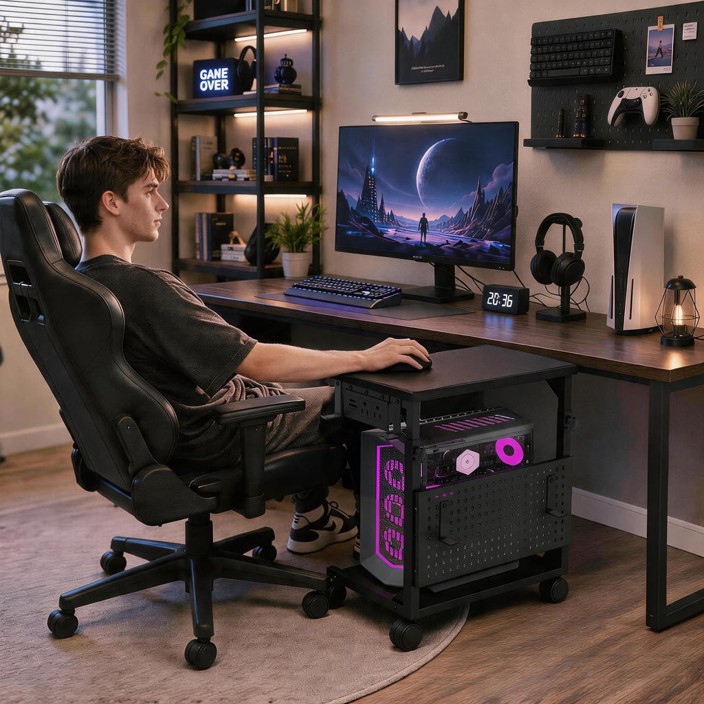 Adjustable PC Tower Stand – Computer Holder with Charging Station & Pegboard Organizer