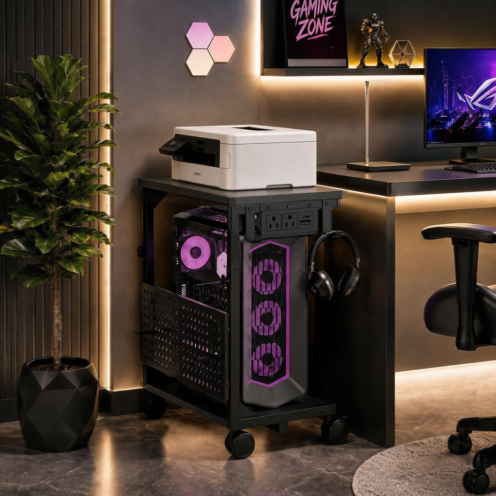 Adjustable PC Tower Stand – Computer Holder with Charging Station & Pegboard Organizer