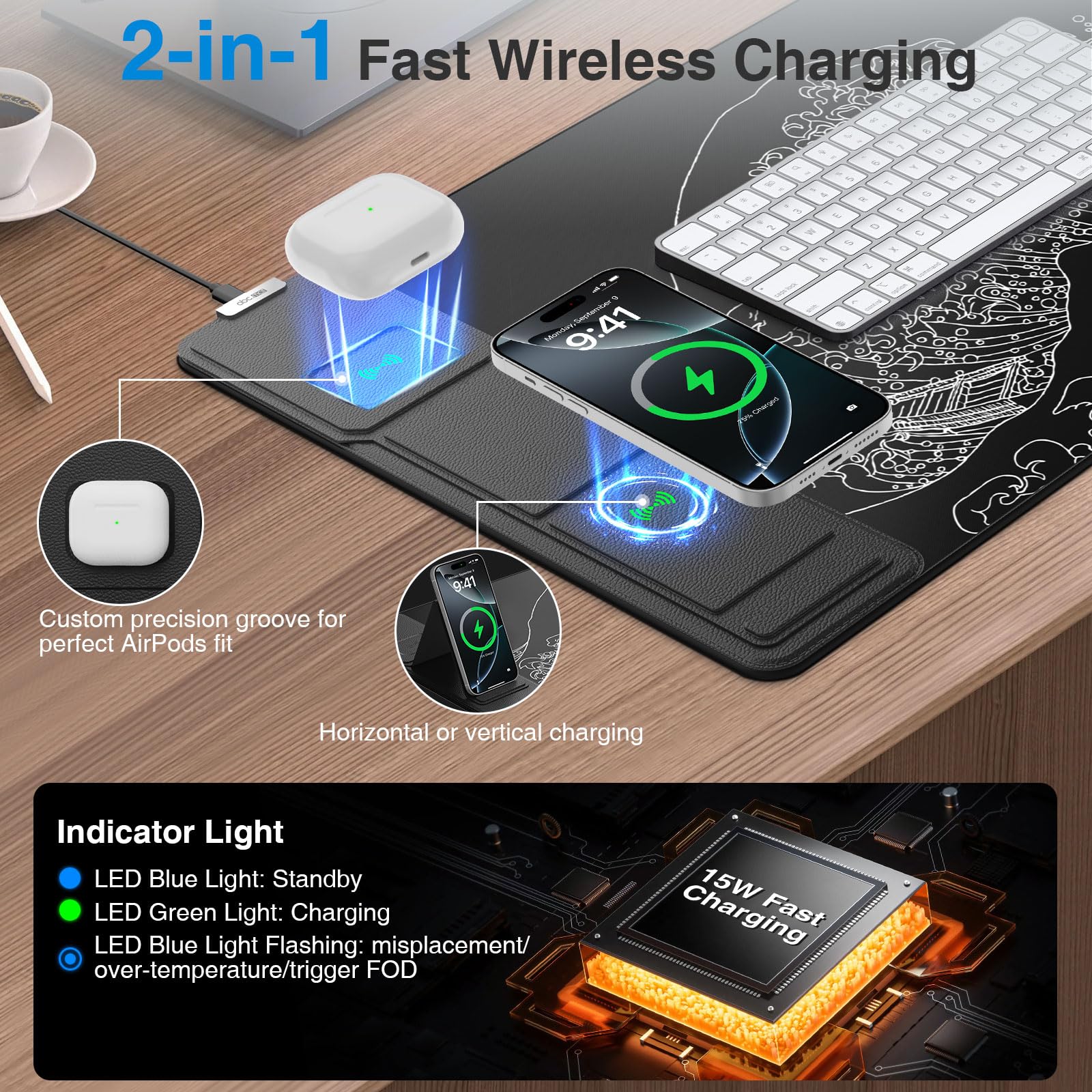 XXL RGB LED Gaming Mouse Pad – Wireless Charger, Phone Holder & 25 Lighting Effects