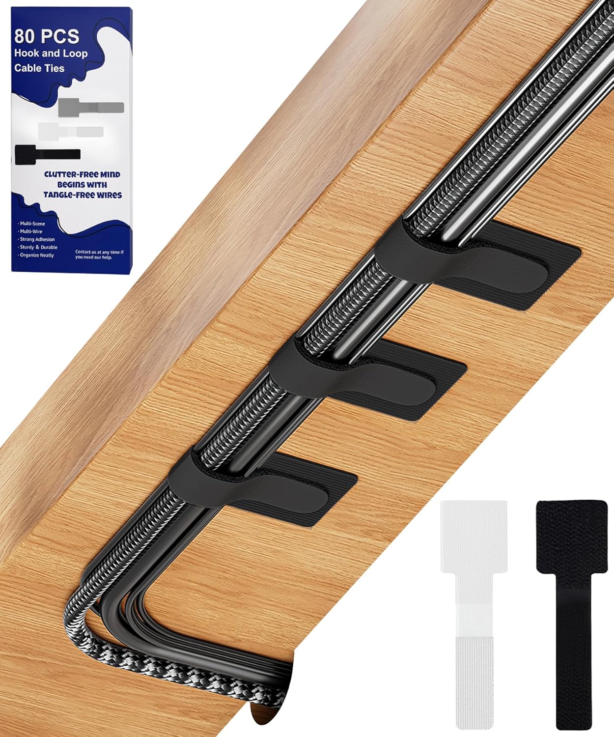 80-pack hook and loop cable ties for under desk cable management