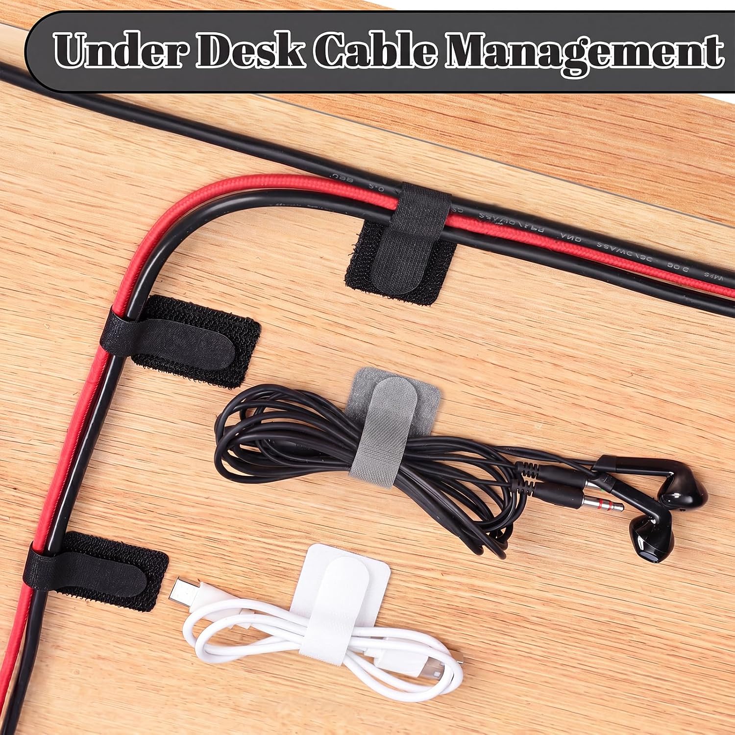 100 Pcs Cable Management Under Desk, Hook and Loop Cable Straps, Black