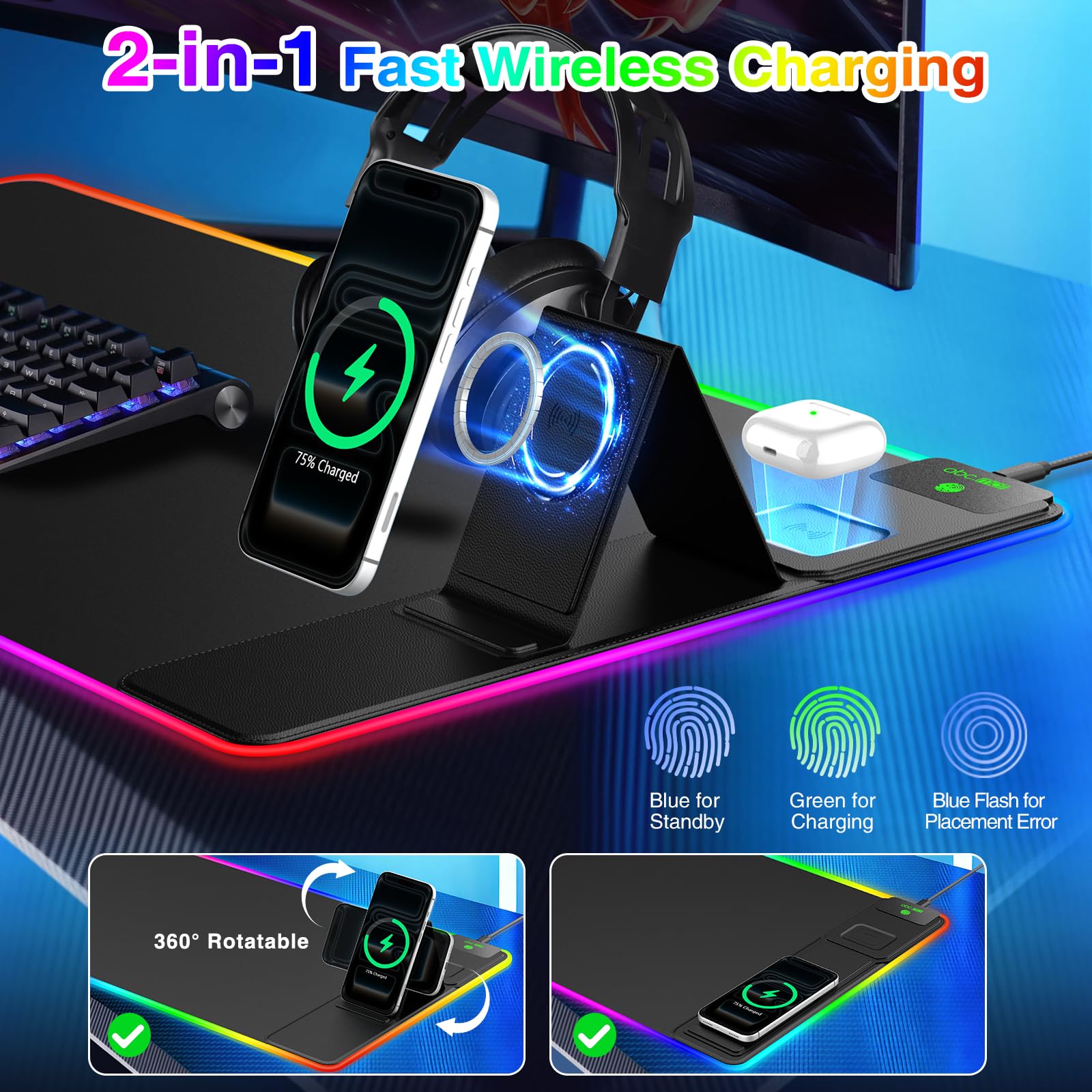 XXL RGB LED Gaming Mouse Pad – Wireless Charger, Phone Holder & 25 Lighting Effects