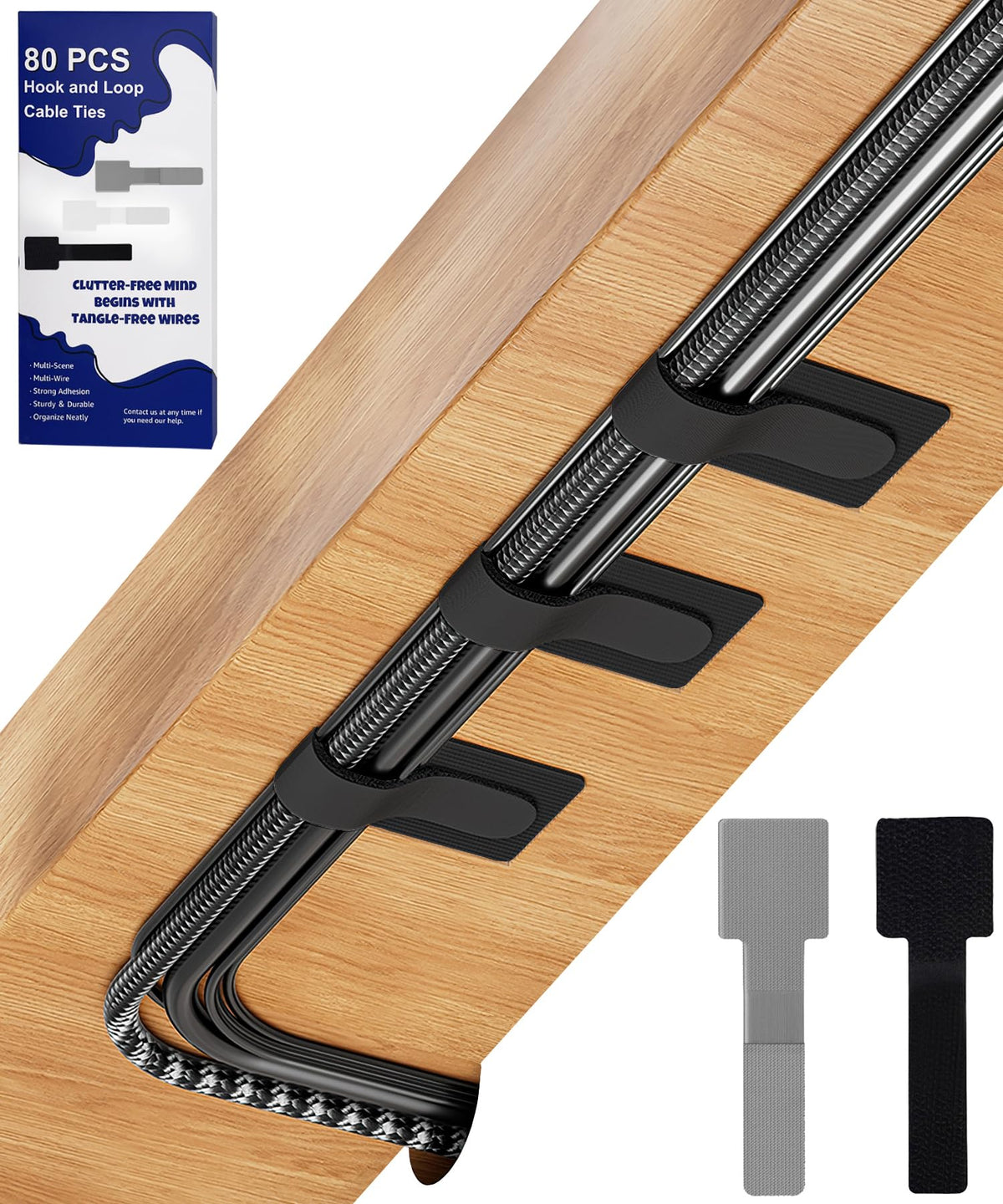 Hook and loop cable tie wrapped around cable