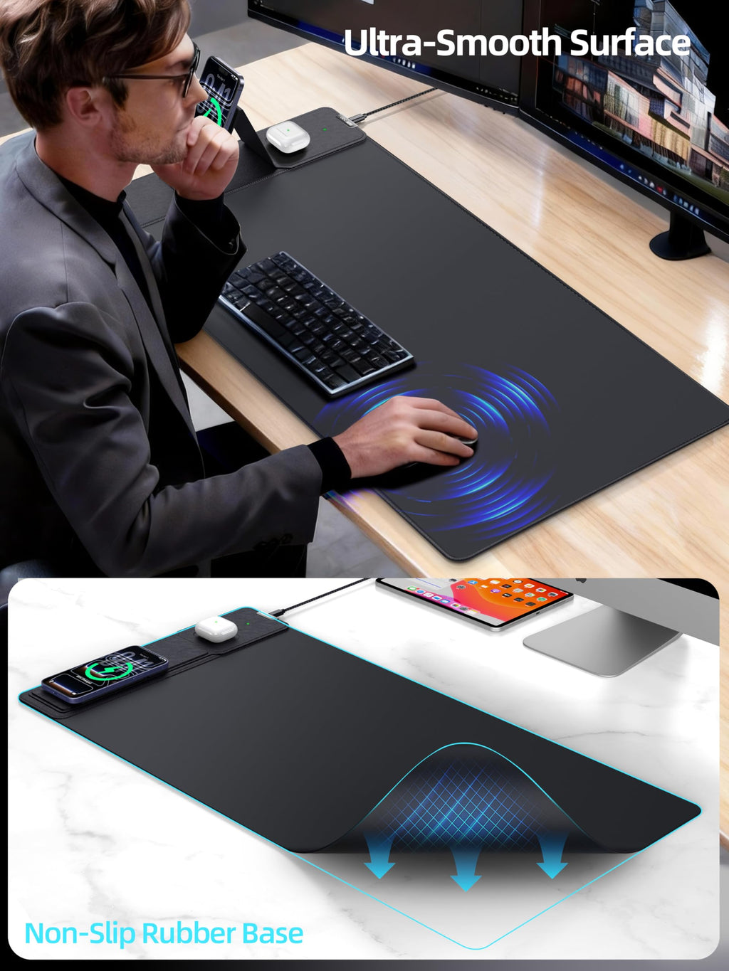 XXL RGB LED Gaming Mouse Pad – Wireless Charger, Phone Holder & 25 Lighting Effects