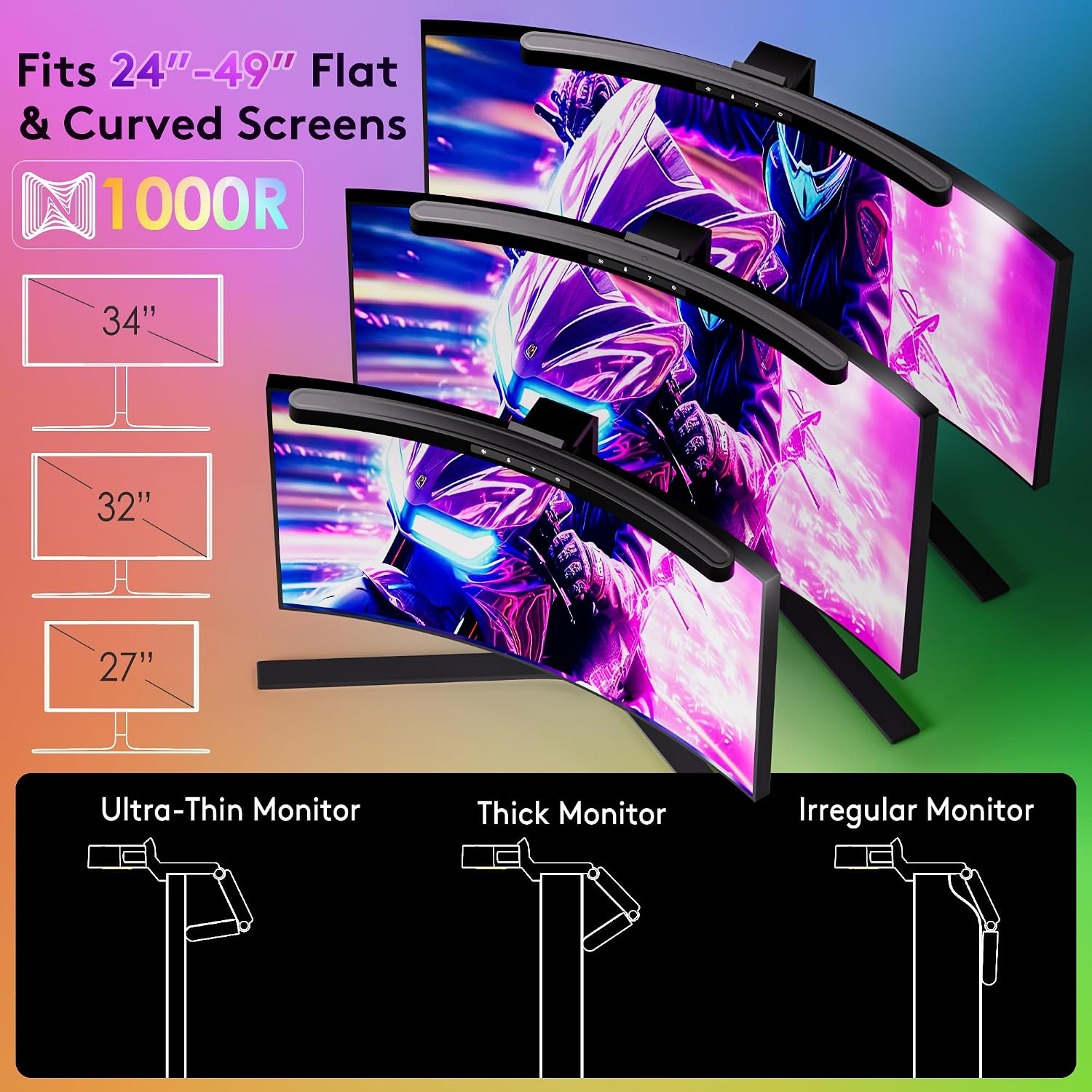 Curved monitor light bar reducing eye strain