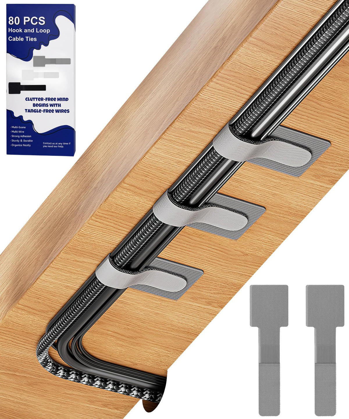 Adhesive cable straps organizing desk cords