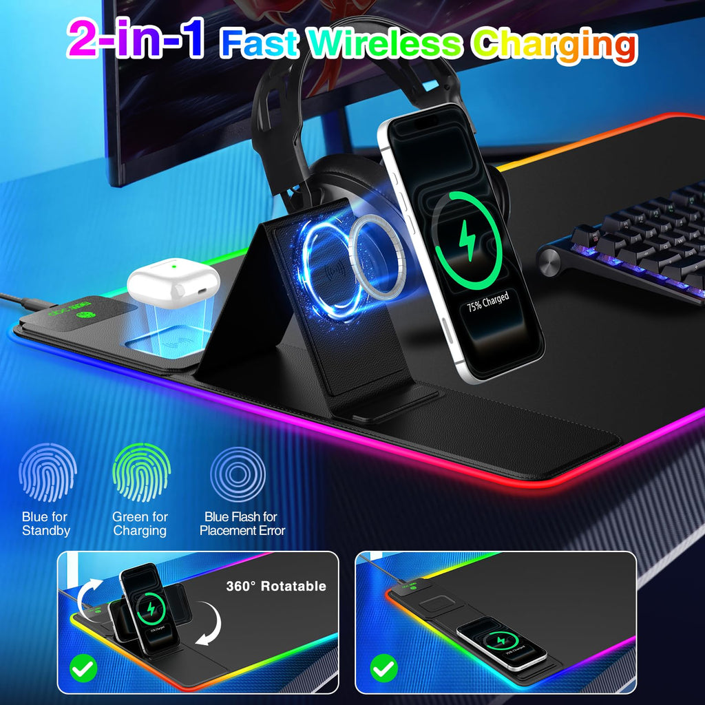 XXL RGB LED Gaming Mouse Pad – Wireless Charger, Phone Holder & 25 Lighting Effects