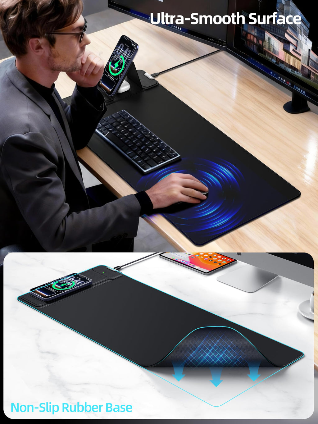 XXL RGB LED Gaming Mouse Pad – Wireless Charger, Phone Holder & 25 Lighting Effects
