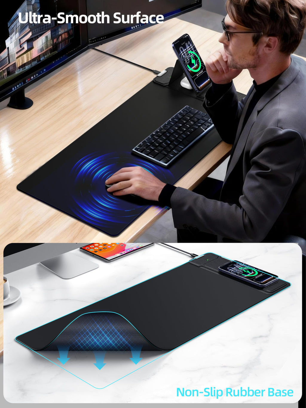 XXL RGB LED Gaming Mouse Pad – Wireless Charger, Phone Holder & 25 Lighting Effects