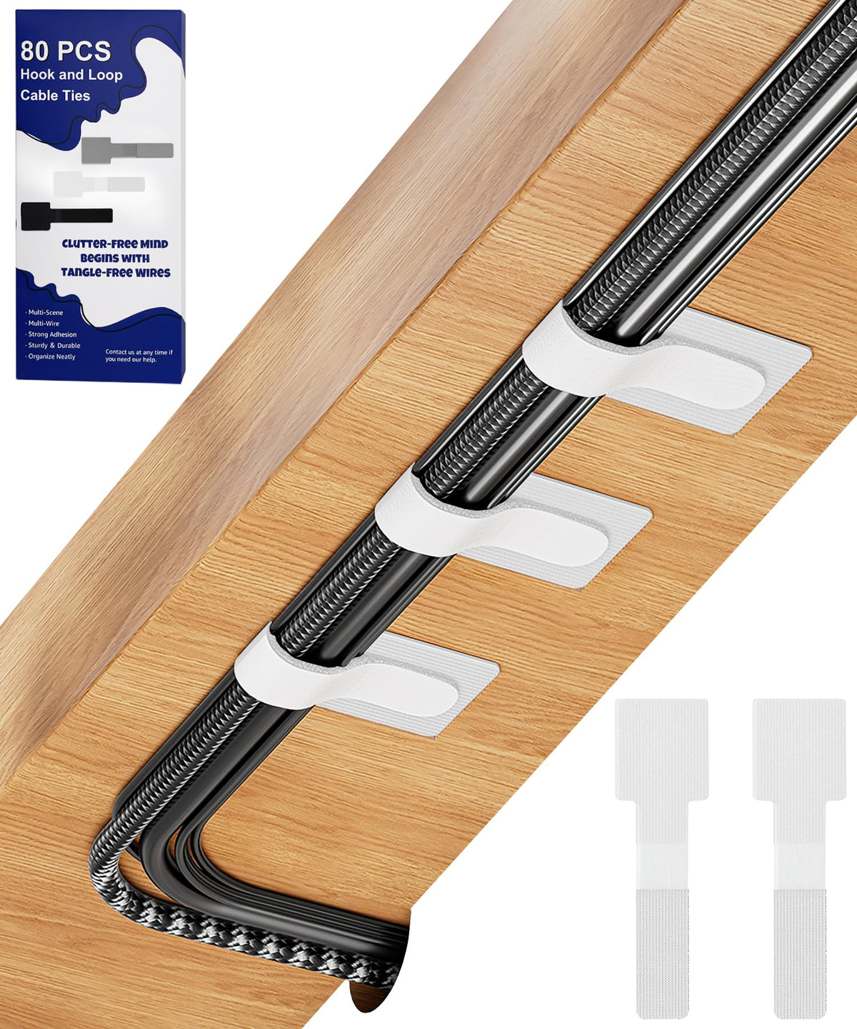 Under desk cord management straps installed