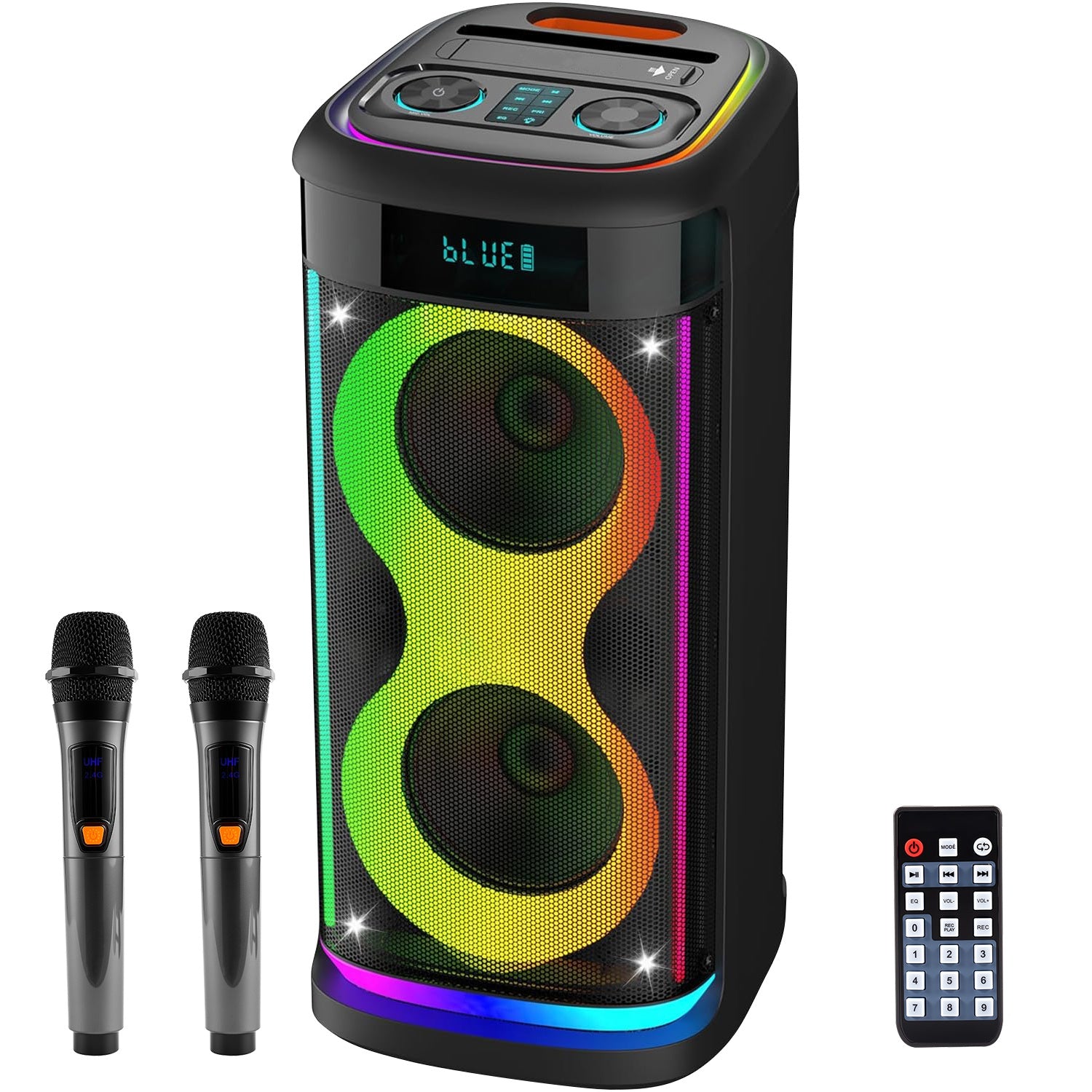 Portable Party Speaker with LED Lights and Wireless Microphone