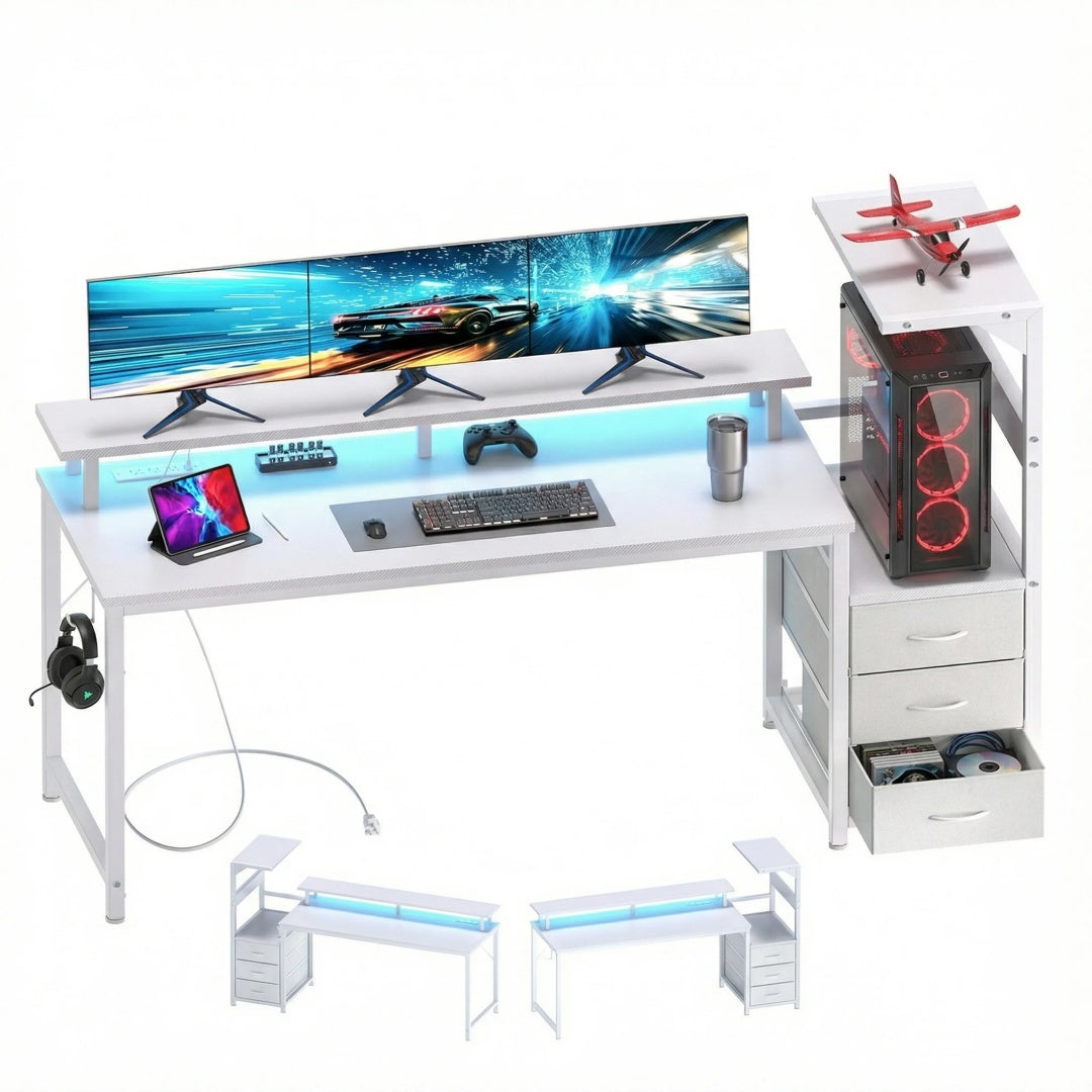 52 inch gaming desk with drawers USB ports and LED lights