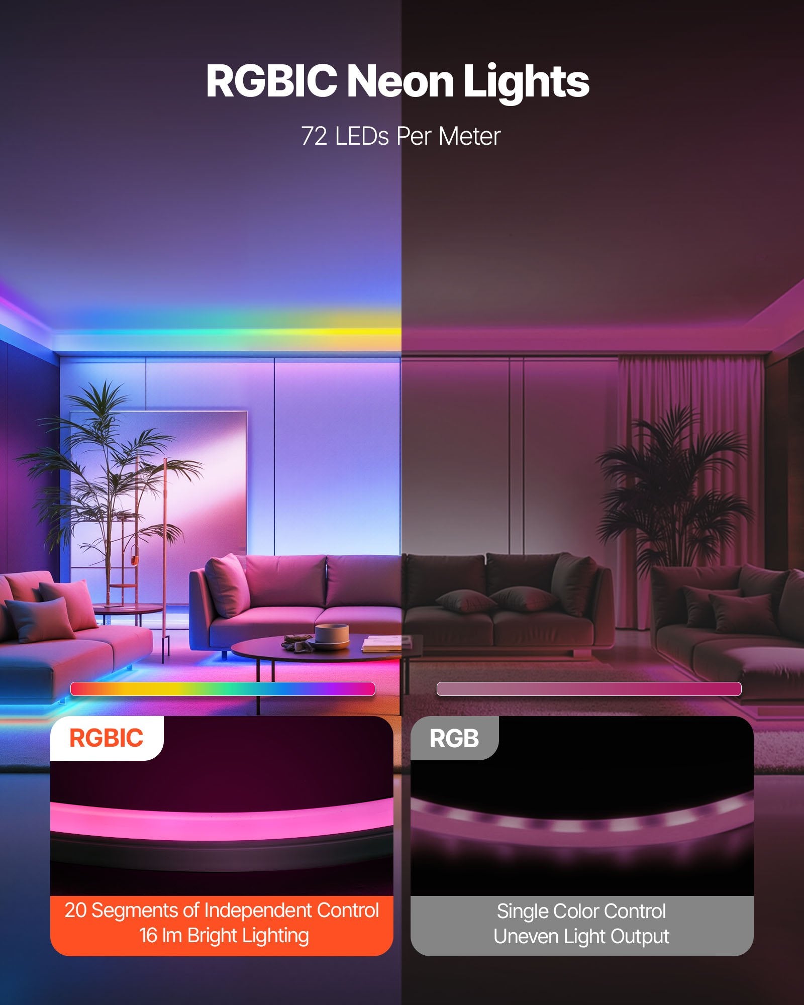 16.4FT RGB-IC LED Neon Rope Light App Controlled