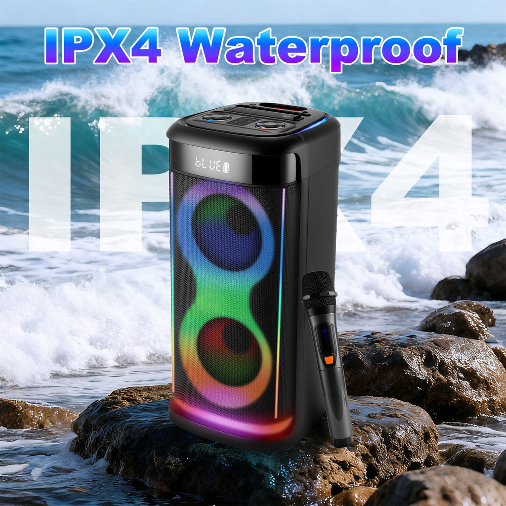 Portable Party Speaker with LED Lights and Wireless Microphone