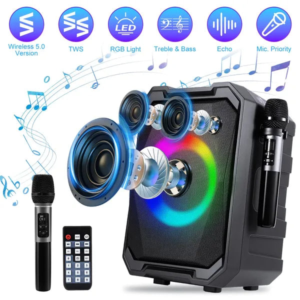 Portable Party Speaker with LED Lights and 2 Wireless Microphones