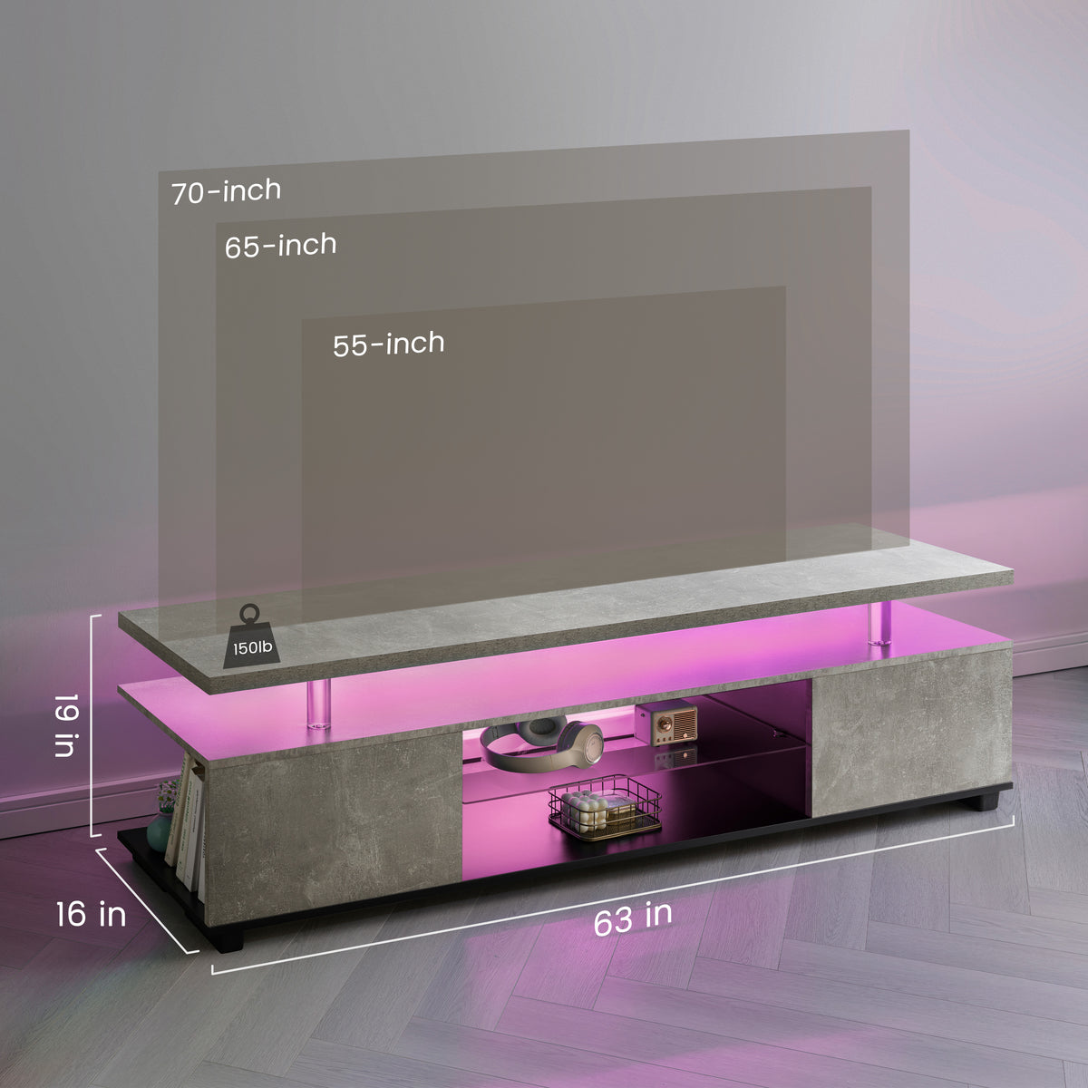 LED Gaming TV Stand for 70 Inch TVs with Console Storage