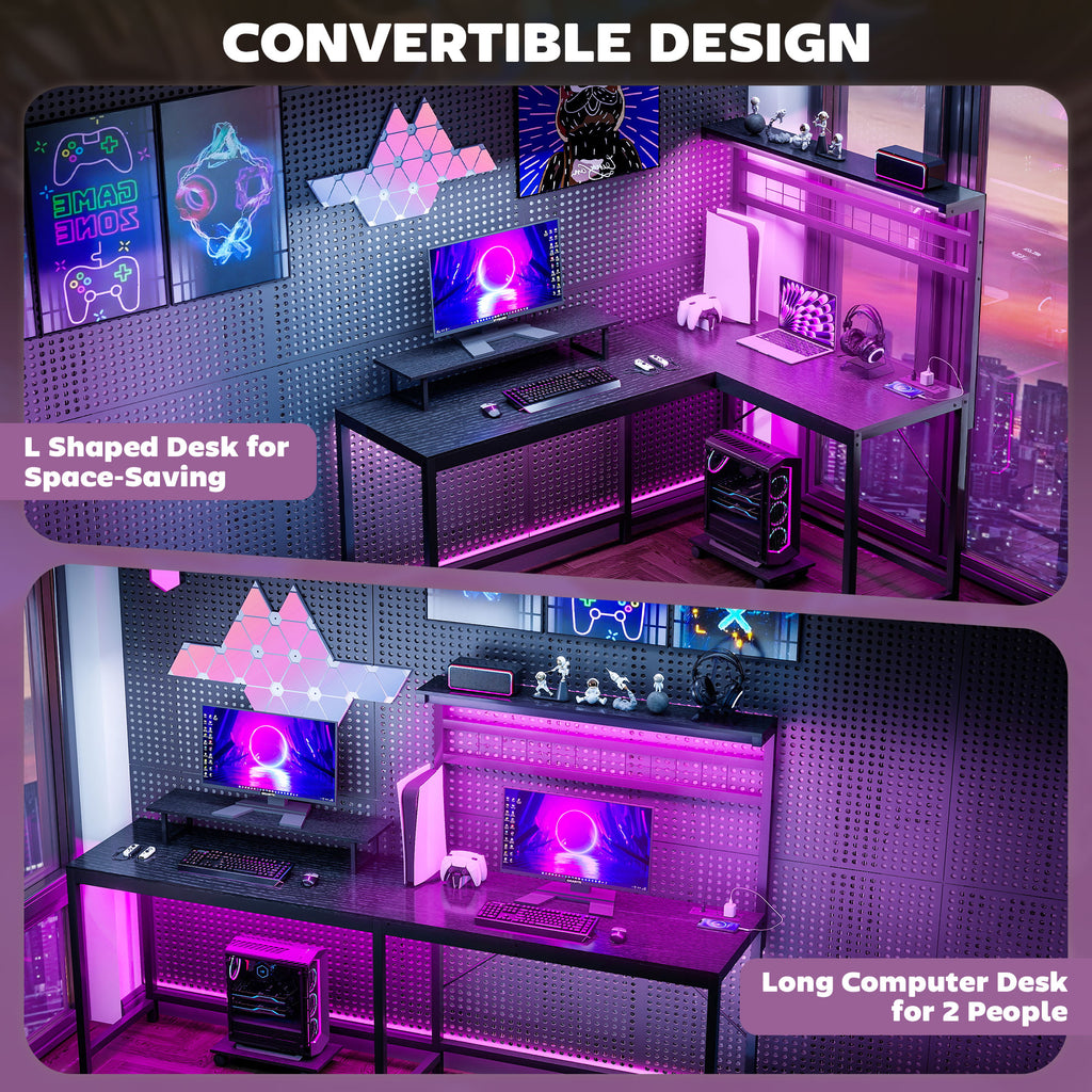 L-shaped gaming desk with monitor stand and CPU shelf