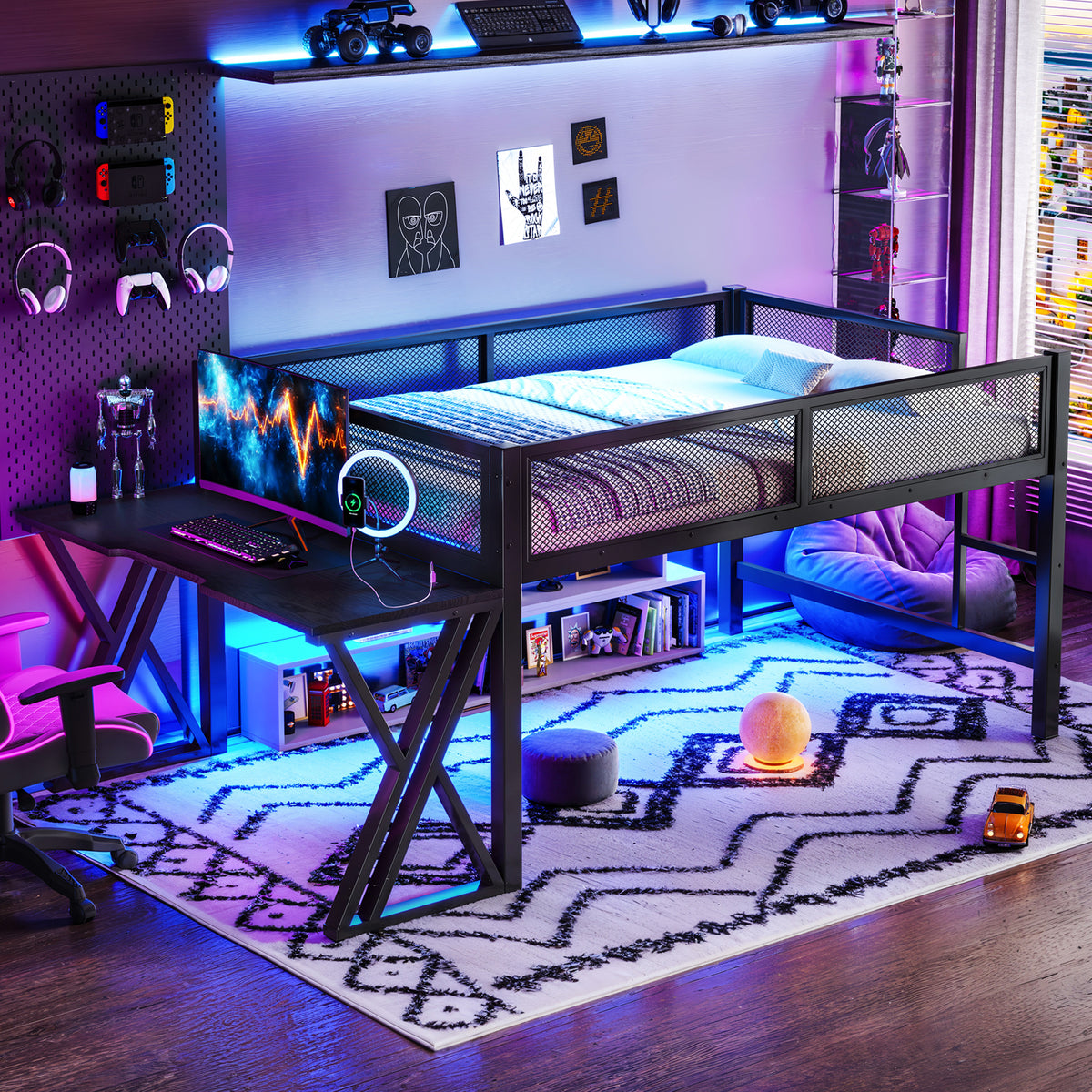 Full size gaming loft bed with desk and LED lights