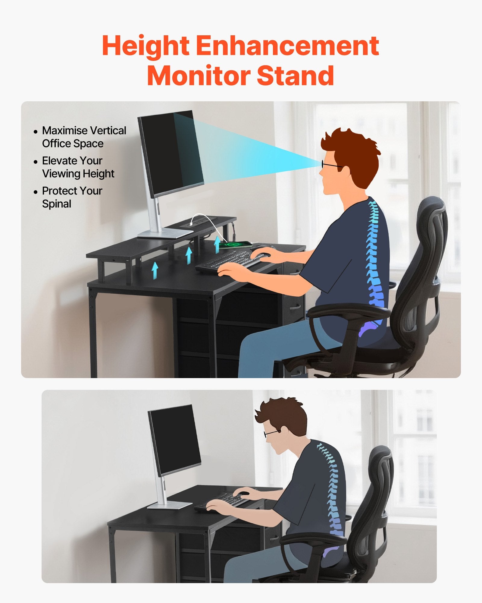 LED gaming desk built-in power outlet detail